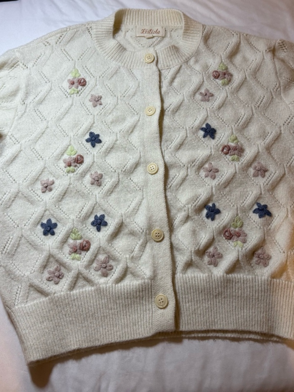 Listicle Cream Embroidered Floral Cardigan